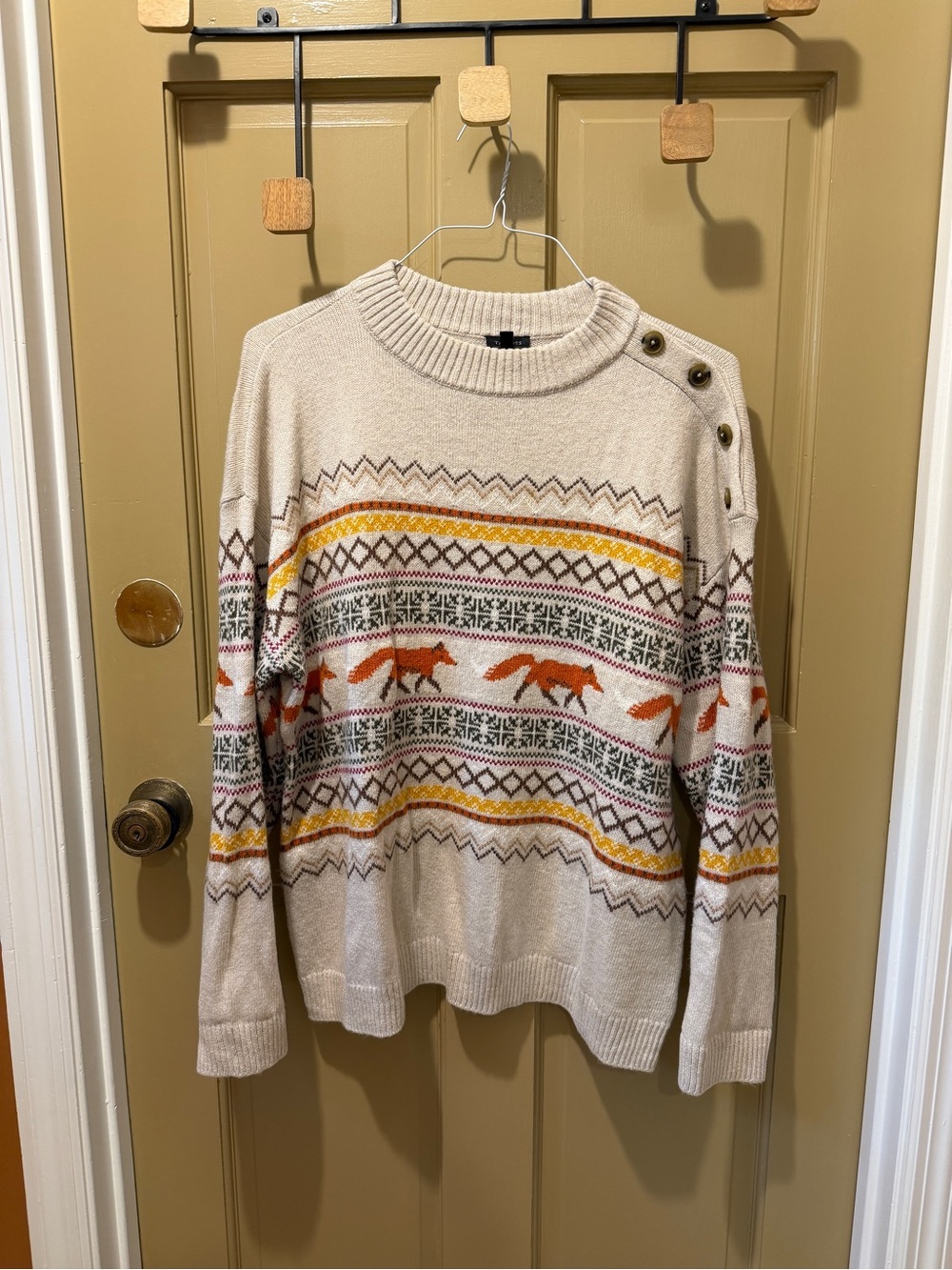 Talbots Cream Fair Isle Fox Button-Shoulder Sweater